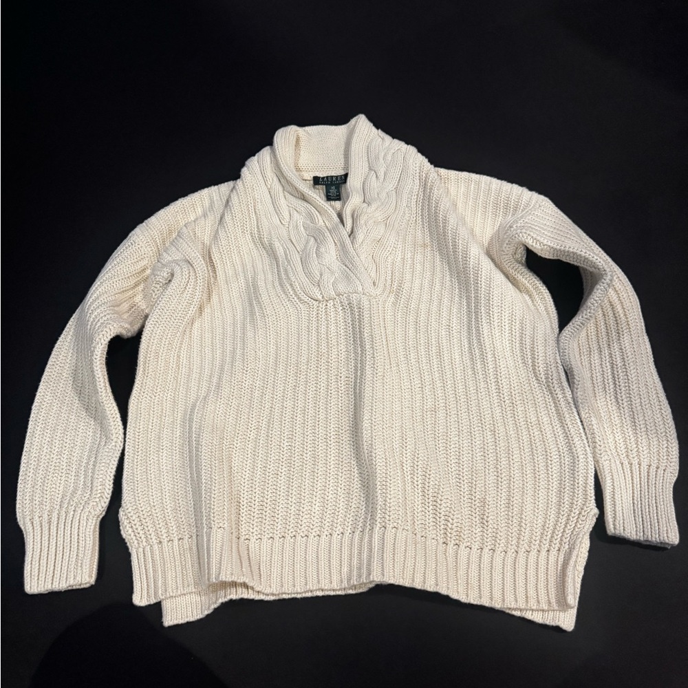 Lauren Ralph Lauren Cream Cable Knit Shawl Collar Sweater XS Preppy